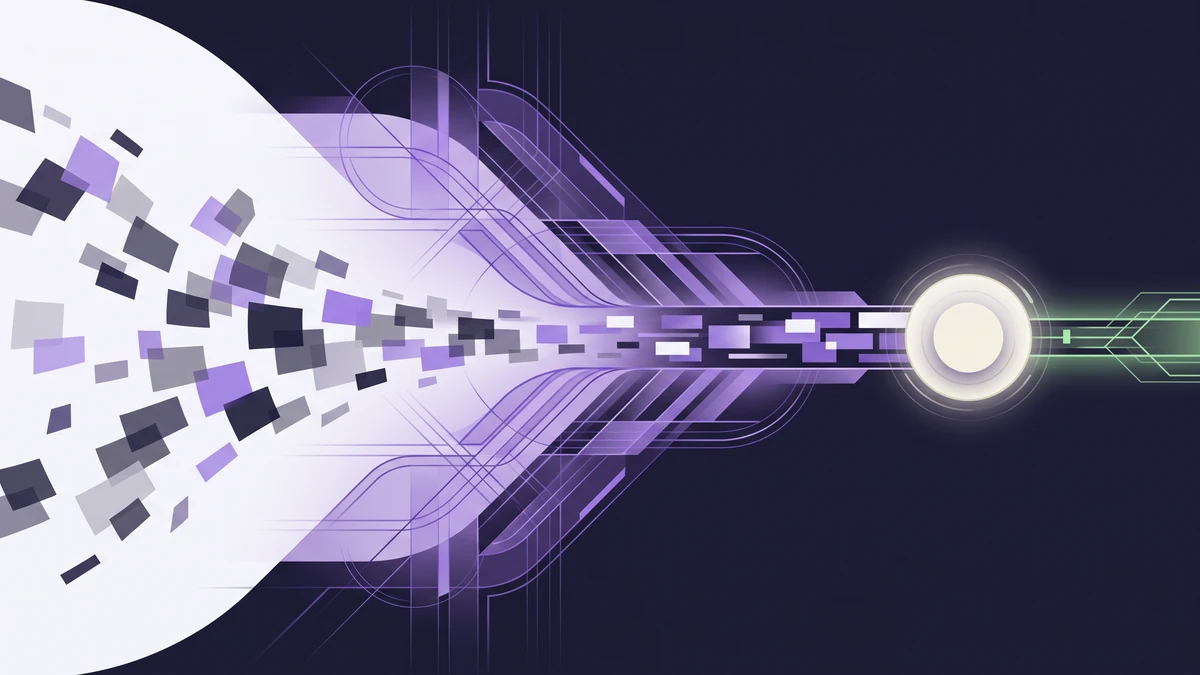 Abstract stream of scattered fragments ordered through geometric machinery, converging on a single calm decision point.