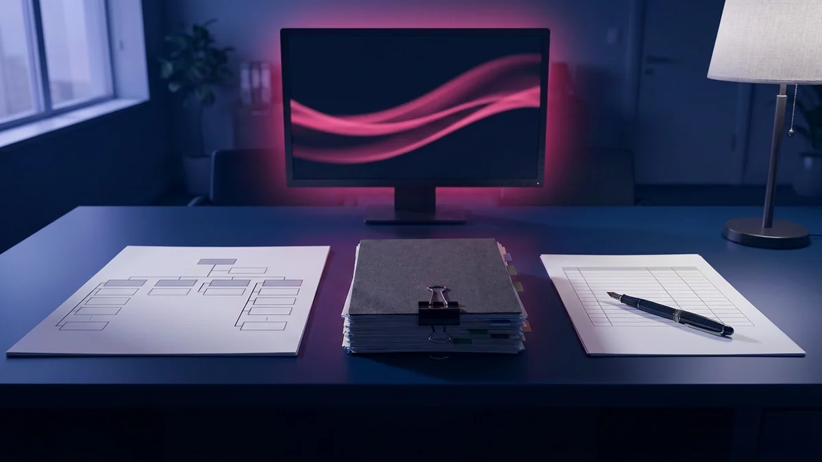A procurement leader's desk before the workday: an org chart with a gap where roles are missing, a thick tabbed software contract clamped shut, and a blank ruled decision-rights sheet with an unused pen, while a monitor behind them quietly runs automated work.
