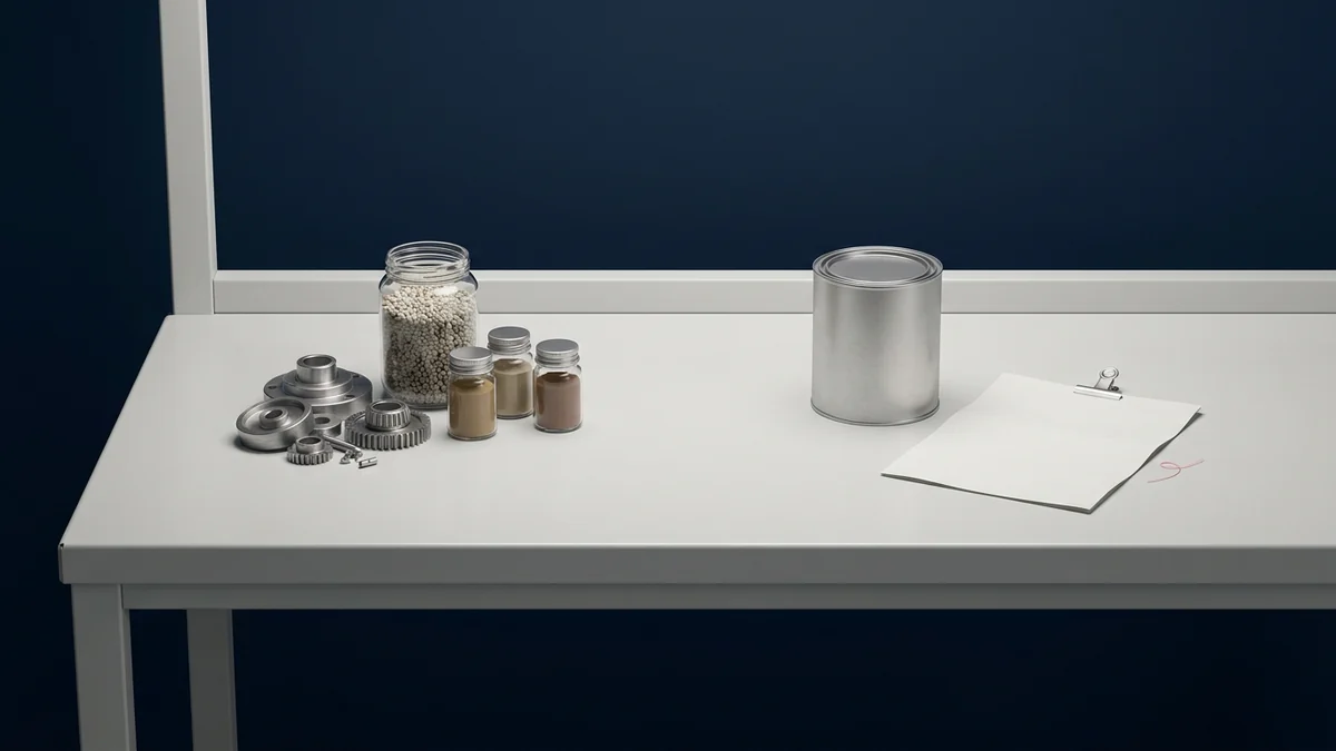 Unmarked industrial materials beside a plain paint can and blank agreement record on a workbench.