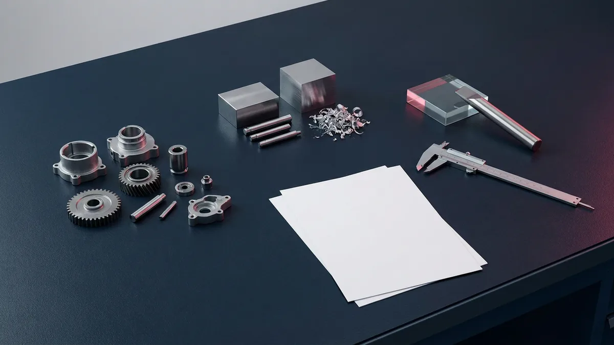 Unbranded metal components, raw stock, a caliper and blank planning sheets arranged on a navy workbench