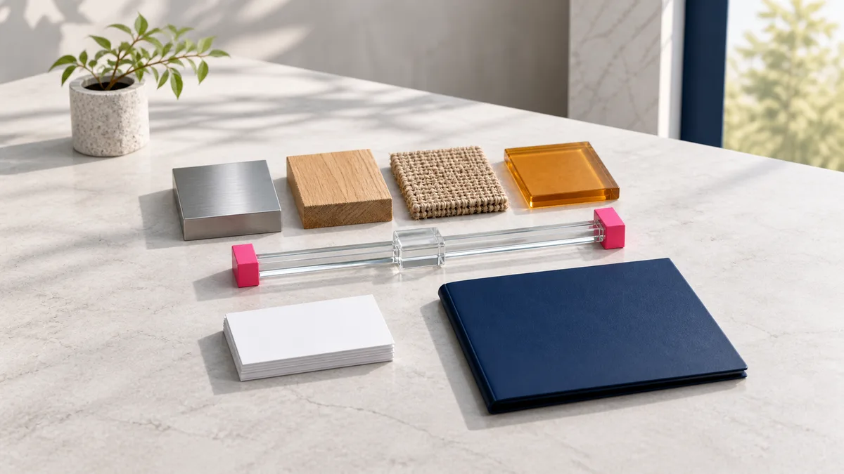 Material samples sit above a clear calibration rail with two pink end stops, blank source cards, and a navy folder.