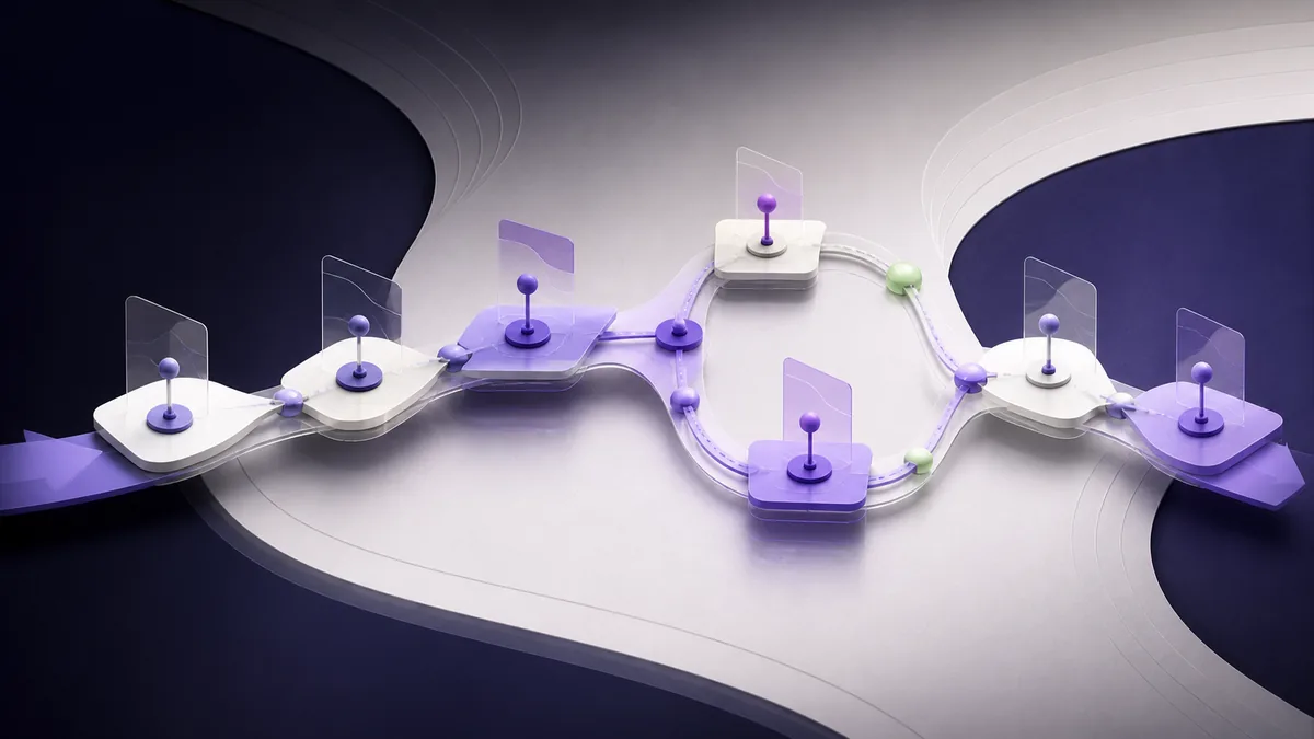 Abstract purple and off-white contract lifecycle path connecting owned stages through changes, renewal, and closeout.