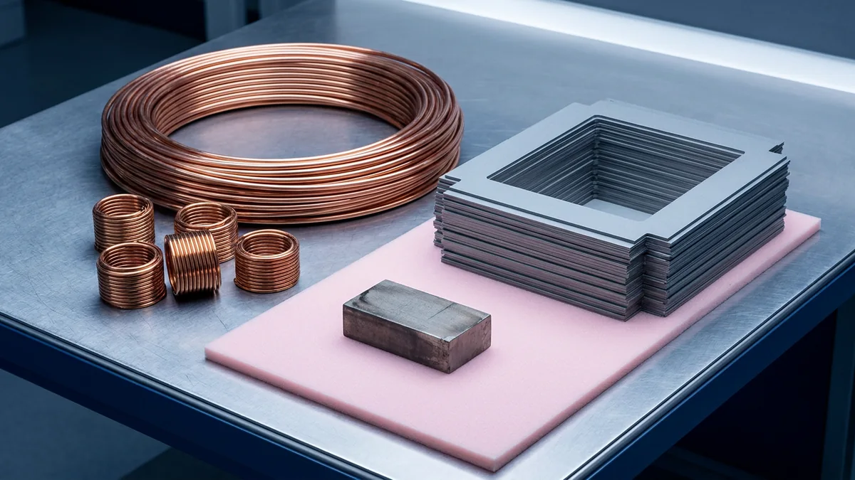 Copper conductor coils beside stacked electrical-steel core laminations on an inspection table.