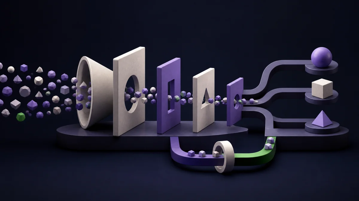 Abstract purchase requests pass through progressively sized policy gates, split into approval routes, and retain a controlled exception loop.