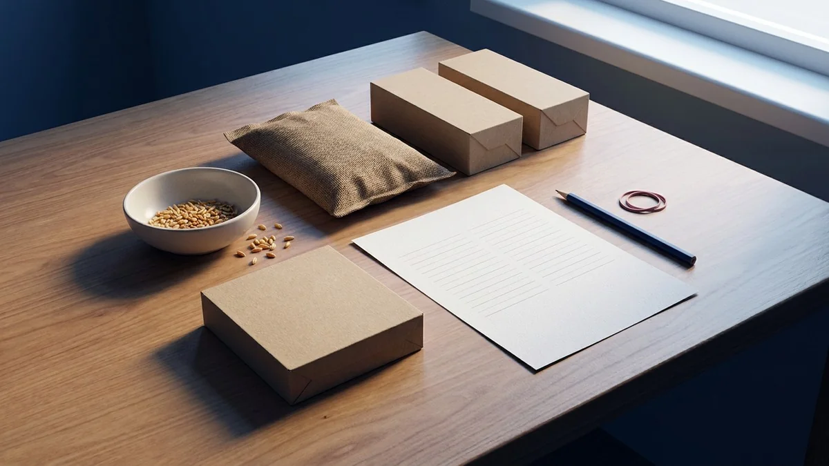 Unlabelled food cartons and an ingredient sack beside wheat grains and a blank comparison sheet on a planning desk.