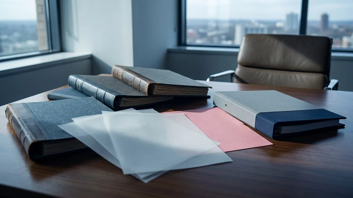 Distinct archival folders and translucent sheets beside a current working folder on a planning desk.