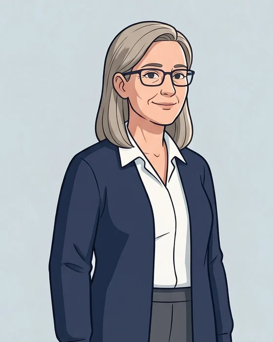 Bernadette, a woman with shoulder-length grey hair and glasses, in a navy blazer over a white shirt.