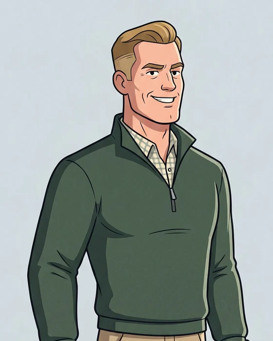 Brad, a confident blond man with a broad smile, in a green quarter-zip sweater over a checked shirt.