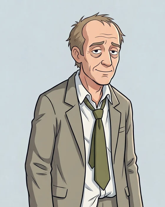 Colin, a tired-looking man with thinning hair, in a rumpled grey suit with a loosened olive tie.