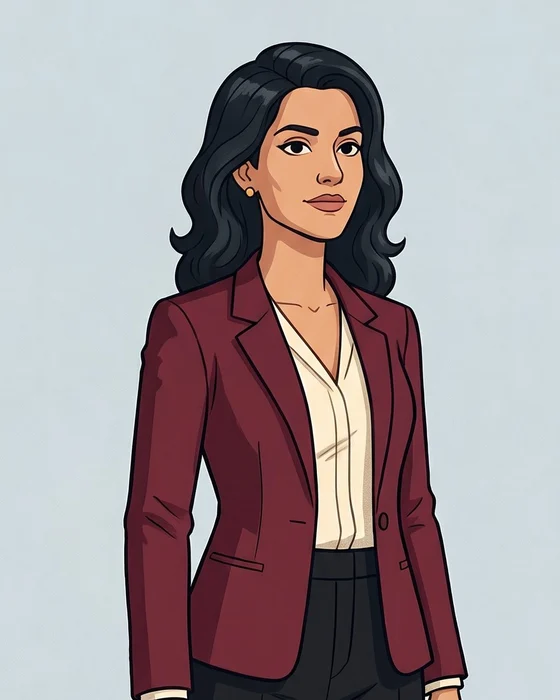 Daniela, a woman with long dark hair, in a burgundy blazer over a cream blouse.