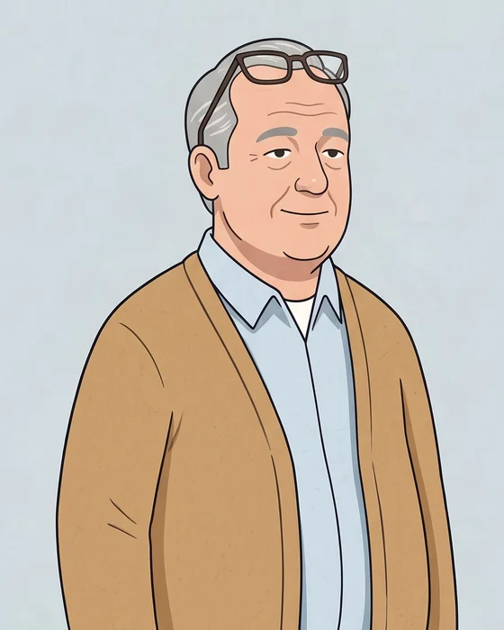 Gerry, a grey-haired man with glasses pushed up on his head, in a camel cardigan over a pale blue shirt.