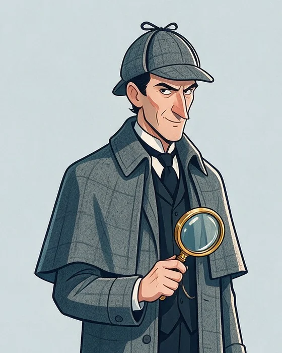 Holmes in a deerstalker and a grey cape coat, holding a magnifying glass, with a slight, knowing smile.