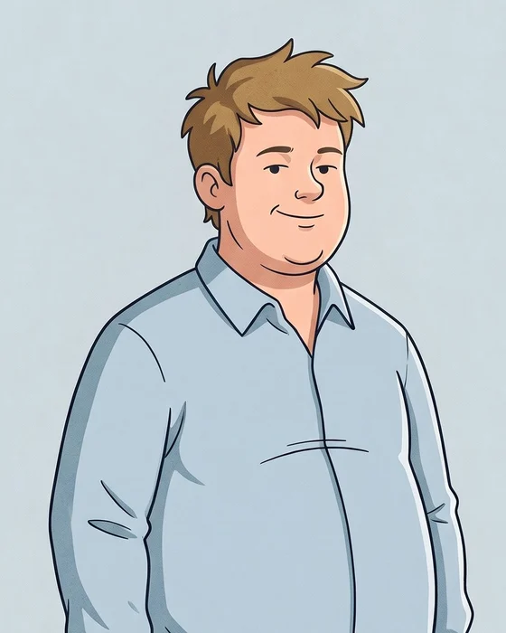 Kyle, a round-faced young man with tousled fair hair, in an untucked light blue shirt.