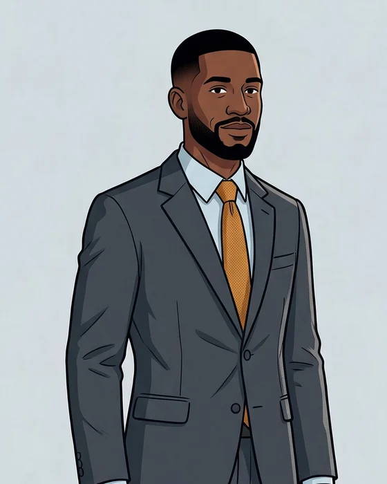 Marcus, a bearded man in a charcoal suit with an amber knit tie.