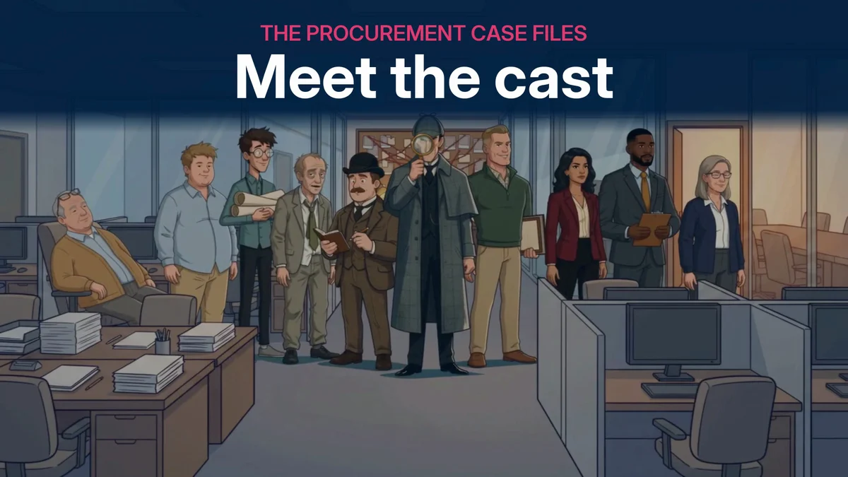 The cover of the cast trailer: under the words Meet the cast, all ten characters stand in a row in the procurement department, Holmes in the middle with his magnifying glass and Watson beside him with his notebook.