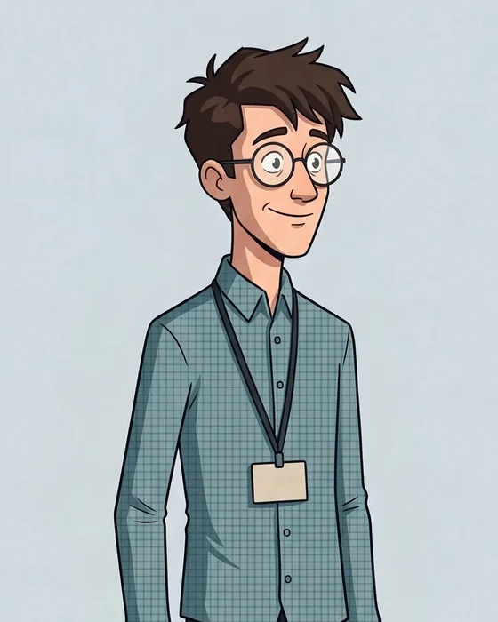 Victor, a thin young man with round glasses and messy dark hair, in a checked shirt with an ID badge on a lanyard.