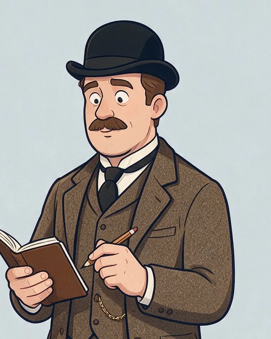 Watson in a bowler hat and a brown tweed three-piece suit, with a moustache, writing in a small notebook.