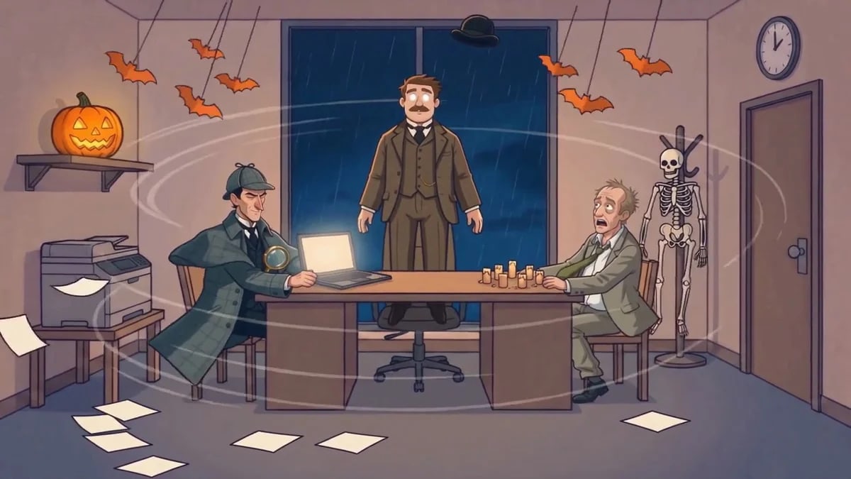 Animated still from The Case of the Vanishing Suppliers: in a candlelit office decorated for Halloween, Watson floats above the desk during a seance while Holmes sits with his eyes closed and Colin, the buyer, stares in alarm as papers swirl around the room.