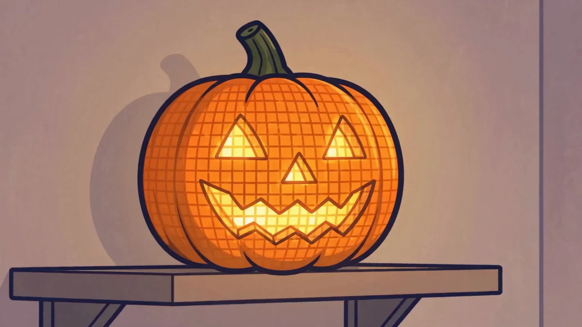 Animated still: a jack-o'-lantern on a shelf whose skin has turned into a grid of small glowing squares, like a spreadsheet carved into a pumpkin.