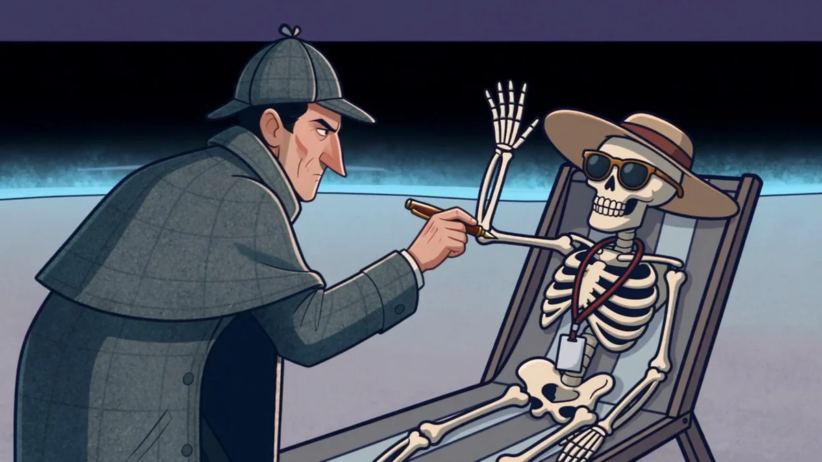 Animated still: on a pale beach under a purple sky, Holmes leans over a skeleton in a deck chair and holds out a fountain pen, and the skeleton, in sunglasses and a sun hat, raises one bony palm to wave him off.