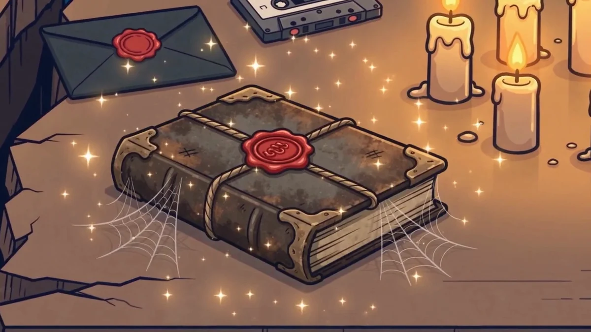 Animated still: on a cracked desk among candles, a sealed envelope and a cassette tape, a thick, dusty old contract tied with cord under a red wax seal, with cobwebs at its corners and sparks still settling around it.