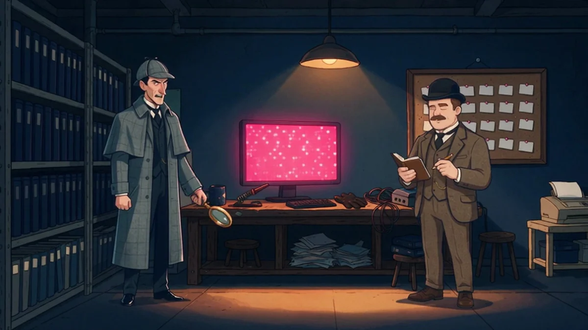 Animated still from Episode 0: in a dim records room lined with binders, Holmes and Watson stand either side of a desk whose monitor glows pink with thousands of small points.