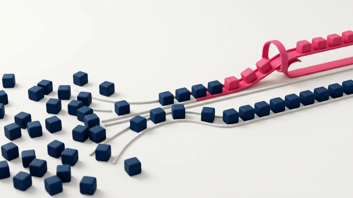 Scattered navy purchase blocks on an off-white floor are drawn along guided tracks into a few ordered category lanes, with one lane lifted and finished in pink as it rises into a small open review cradle.