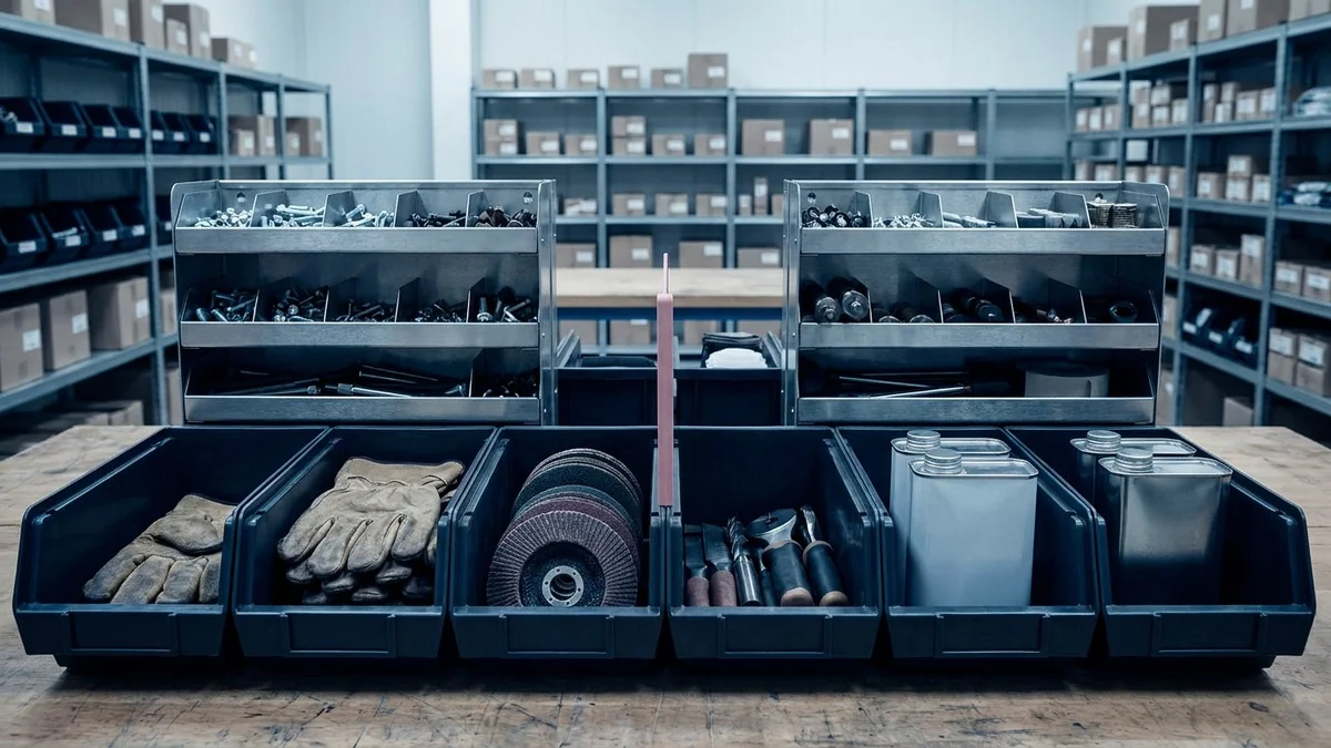 Unmarked gloves, abrasive discs, cutting tools and lubricant containers grouped in a shared factory storeroom basket with separate local replenishment racks.