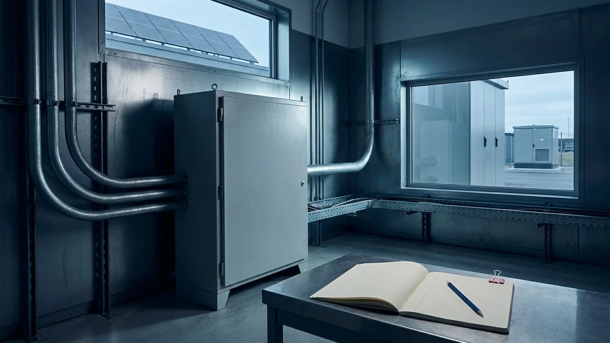 Unmarked manufacturing electrical conduits and cabinet beside a blank electricity-flow worksheet, with onsite equipment and rooftop solar visible through windows.