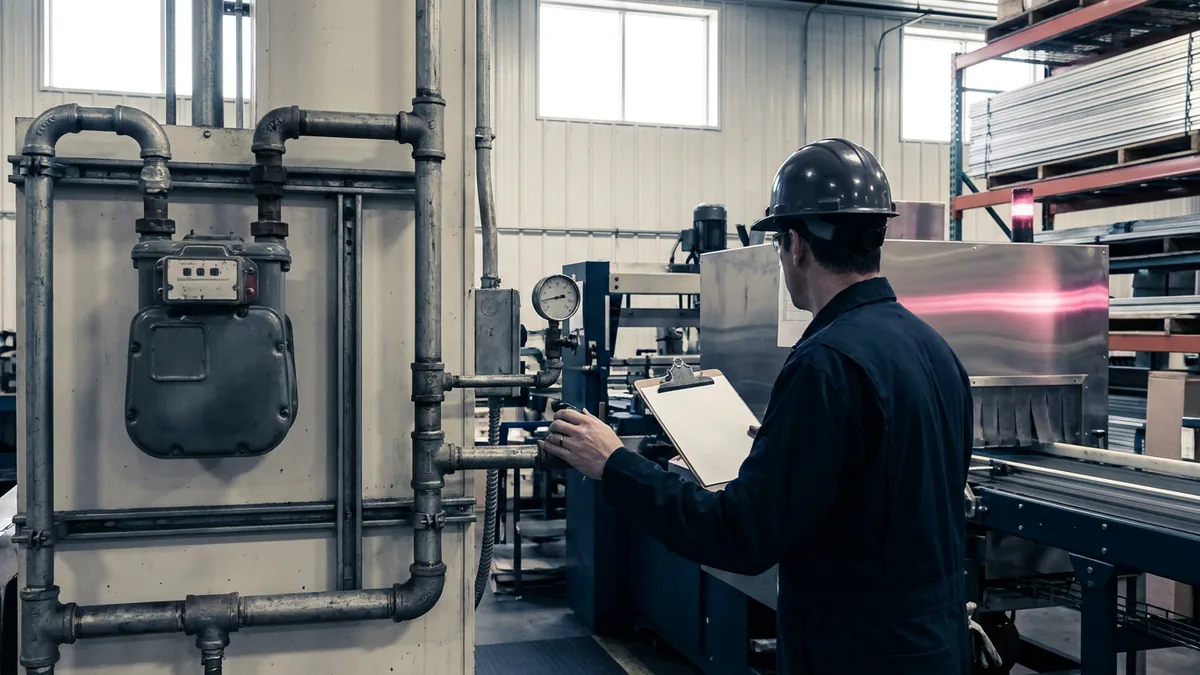 Un ingénieur d'usine anonyme vérifie la tuyauterie de service et un compteur à côté d'une ligne de fabrication.