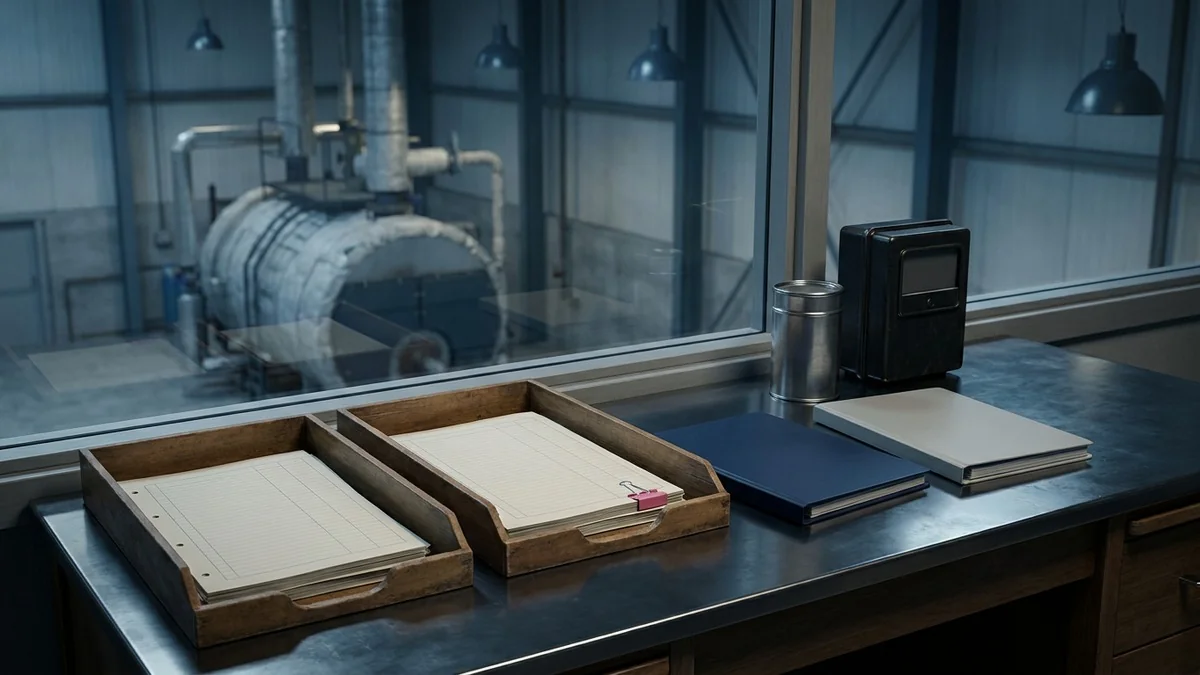 Two trays of blank manufacturing evidence records and unmarked folders beside a sampling container and meter housing, with a boiler visible through a window.