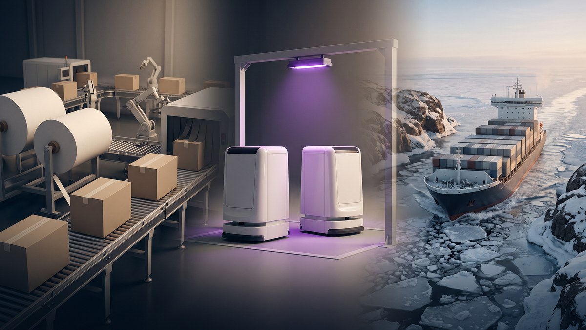 A consumer-goods factory, two mobile warehouse robots under a purple inspection light, and a container ship moving through Arctic ice
