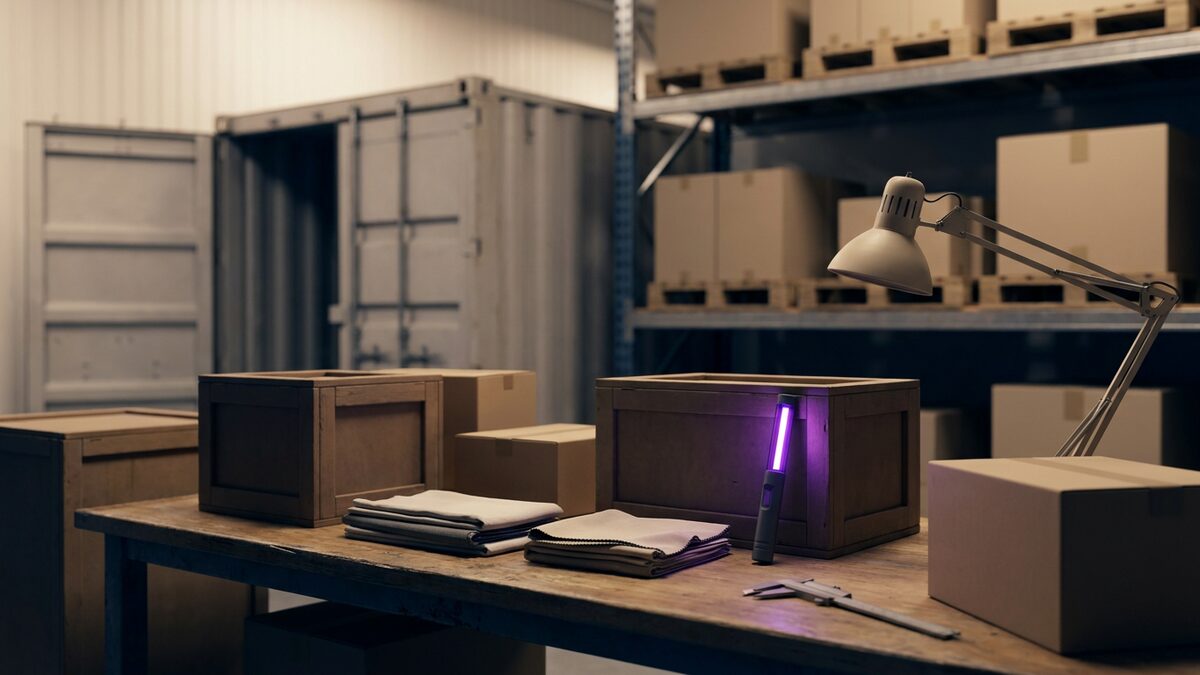 Unmarked crates and packaging on a warehouse inspection bench beside calipers and a purple inspection light