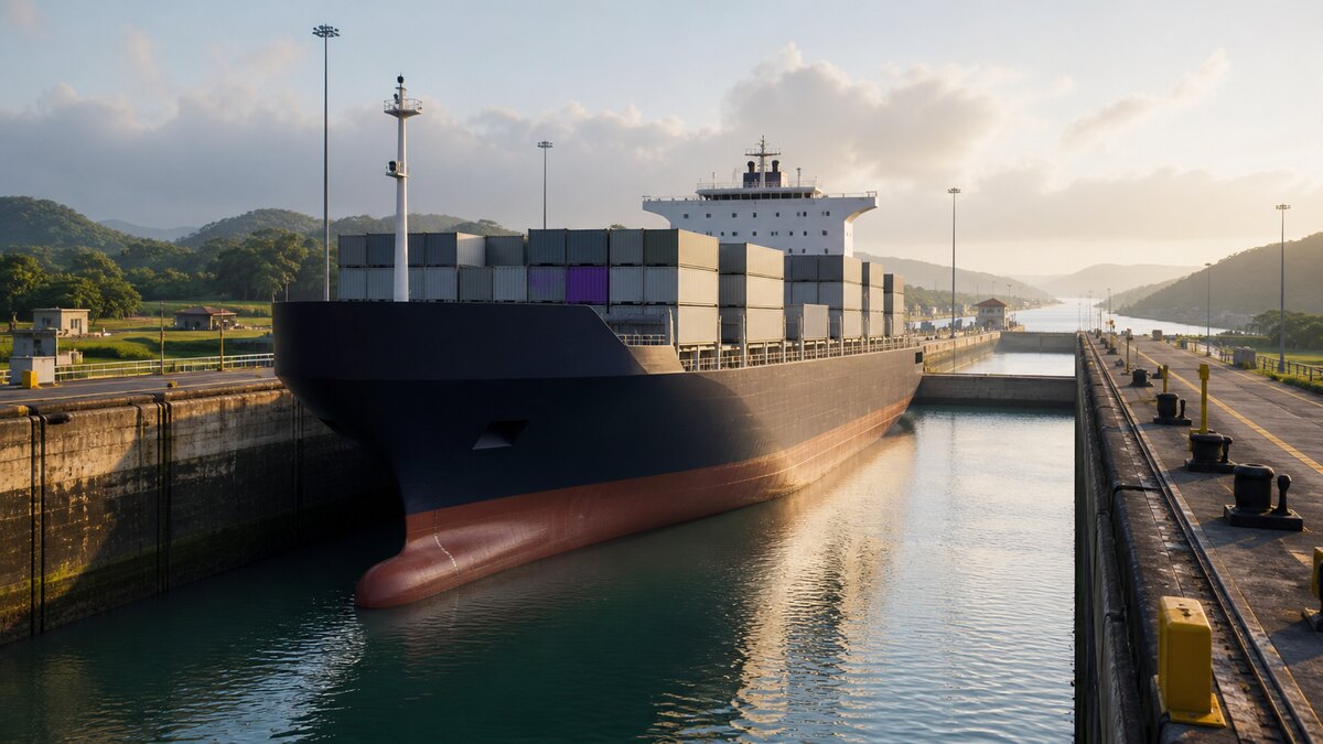 An unmarked container ship passes through a Panama Canal lock in soft morning light