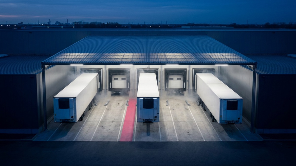 Unmarked refrigerated trailers stand at a cold-storage terminal under blue-hour light