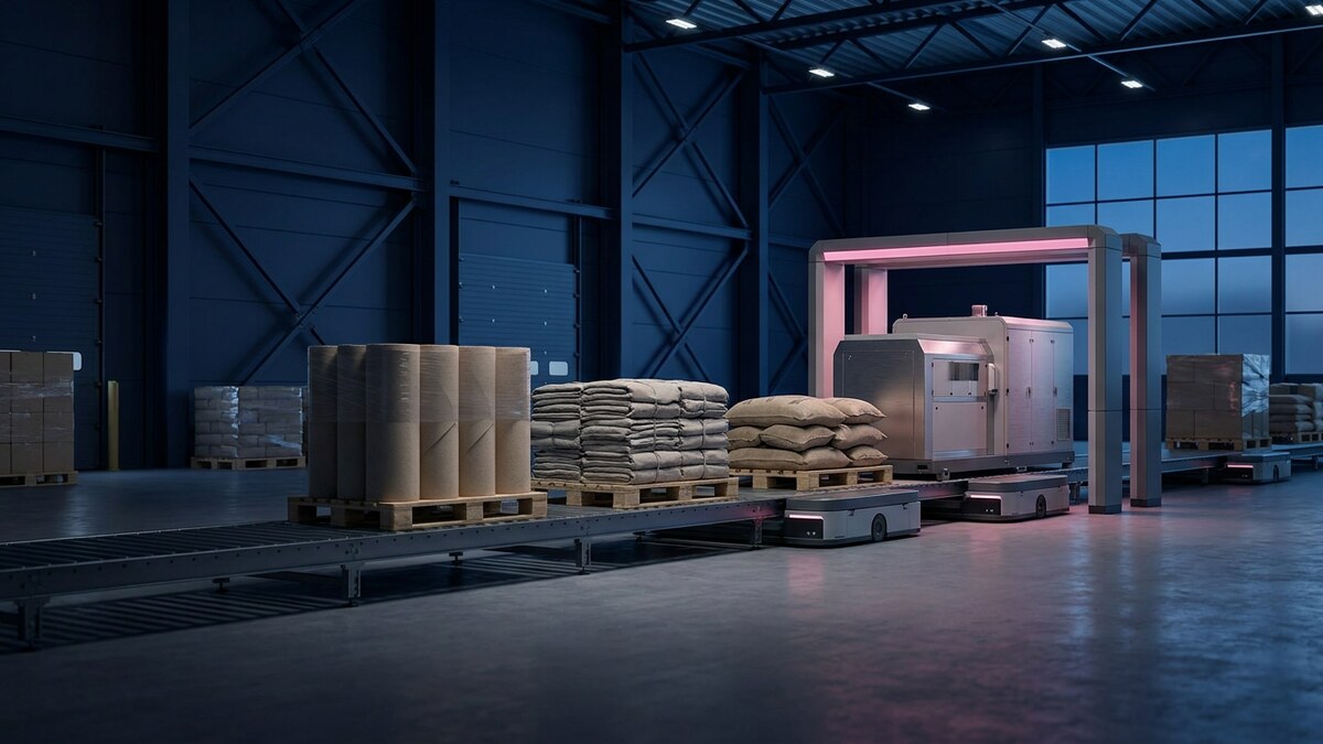 Unmarked pallets of paper, textiles and industrial goods pass through a customs inspection lane