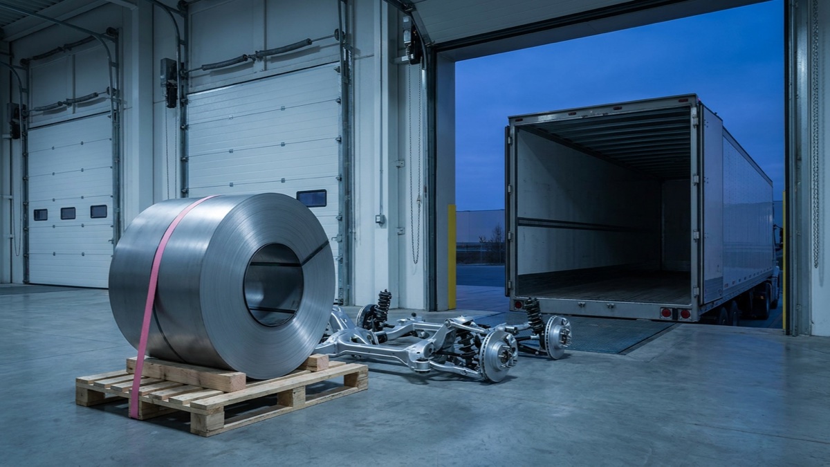A plain steel coil and unbranded automotive components stand beside an open freight trailer
