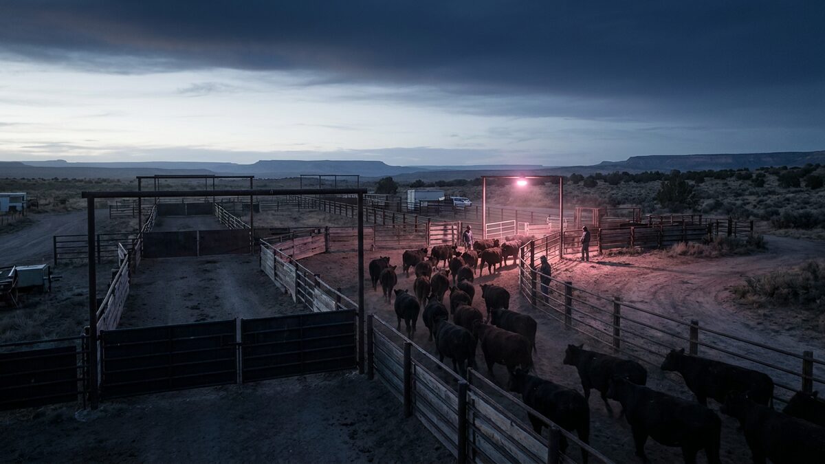 Cattle move through a controlled ranch passage under a single pink inspection light