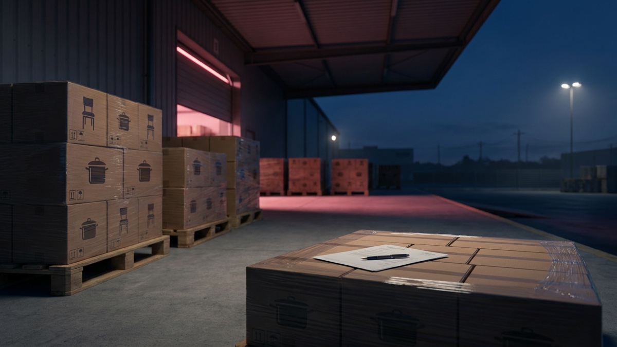 Home-goods vendor cartons on a dusk loading dock, a reimbursement statement and pen on the nearest pallet under warm light