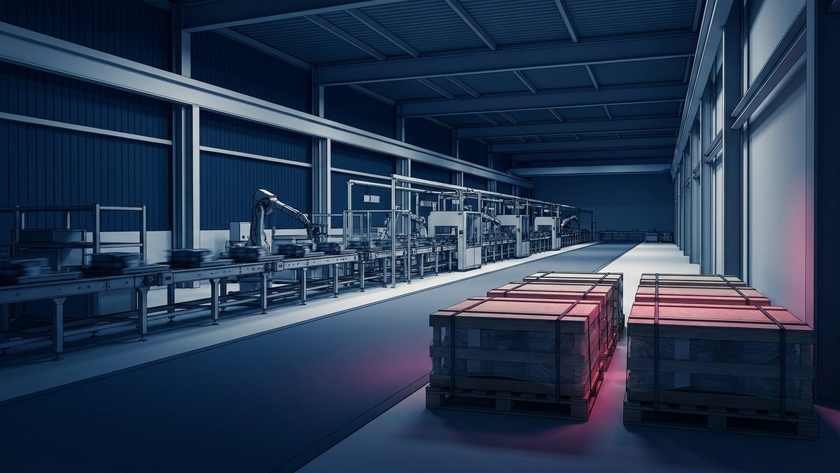 Unmarked component pallets wait beside an active factory line under a restrained pink dock light
