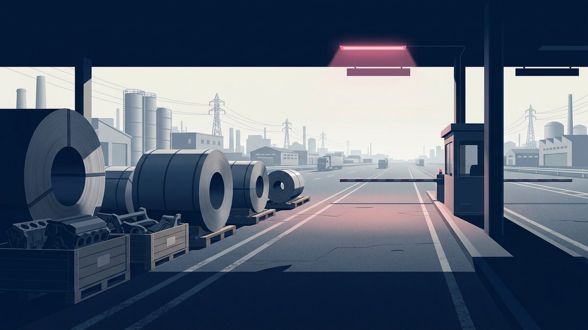 Unbranded steel coils and automotive components wait at a North American industrial inspection lane