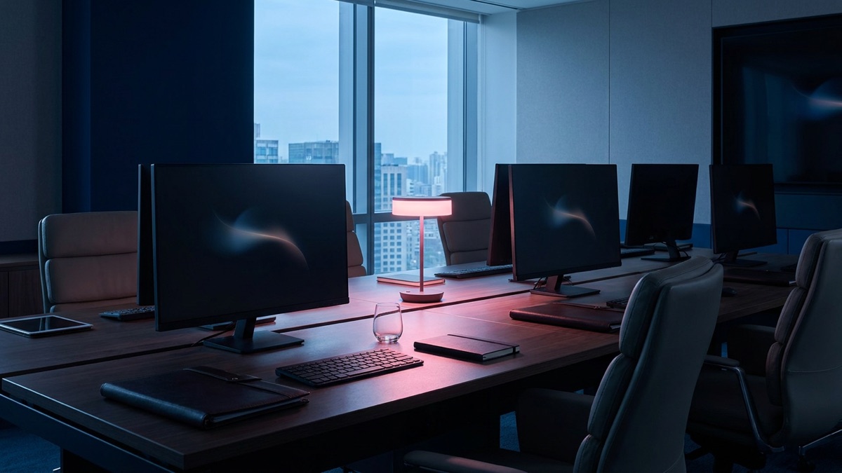 Empty enterprise procurement operations room with blank monitors and contract folders under navy light and one pink desk lamp.