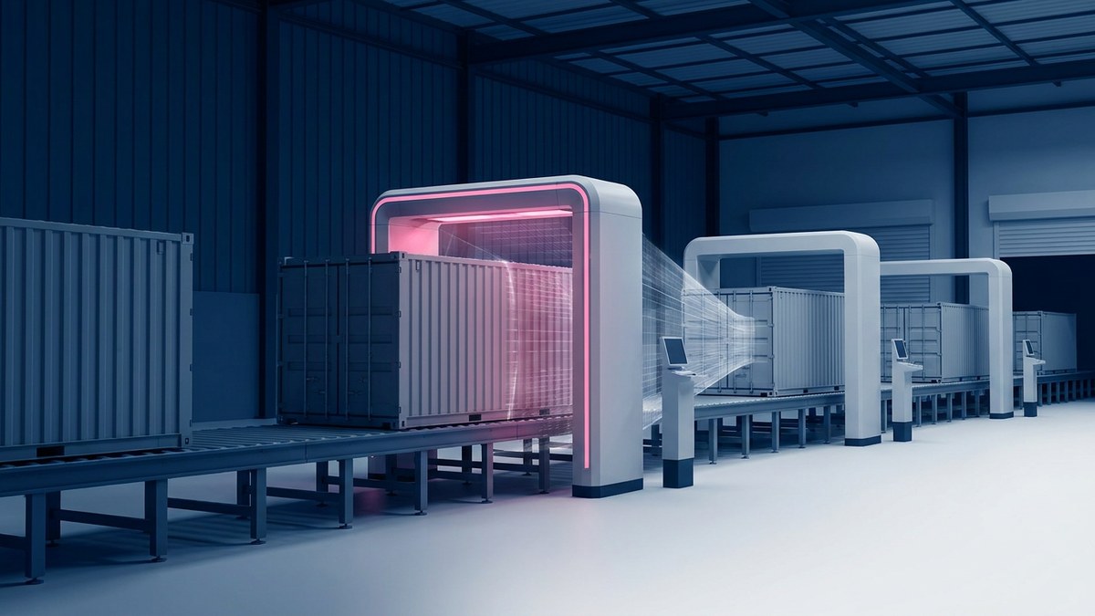 Unbranded cargo containers move through a sequence of scanners in an empty import inspection bay.