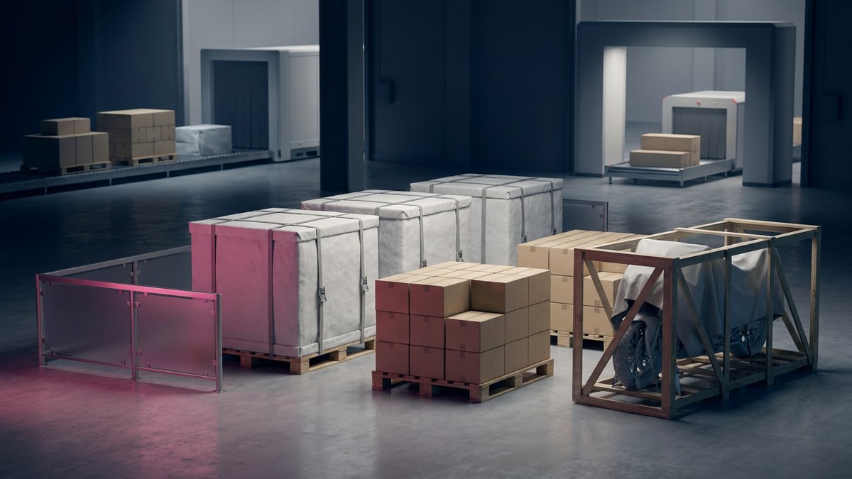 Unbranded goods and a covered motorcycle wait at a cargo eligibility checkpoint in an empty warehouse.