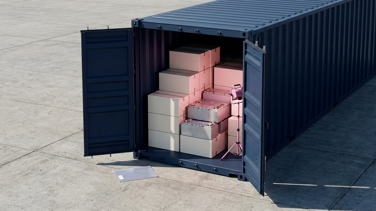 An unmarked navy cargo container holds plain cartons and visible battery modules under one pink inspection lamp.