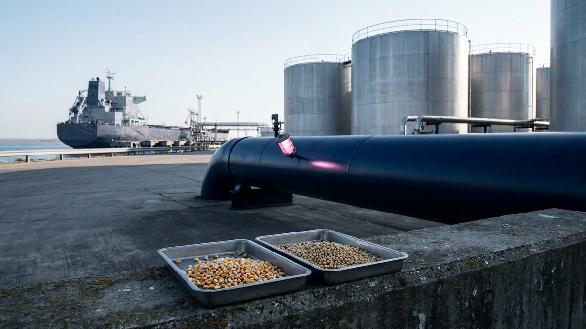 Unmarked biofuel storage tanks and a transfer pipe sit beside corn and soybean samples at a generic export terminal.