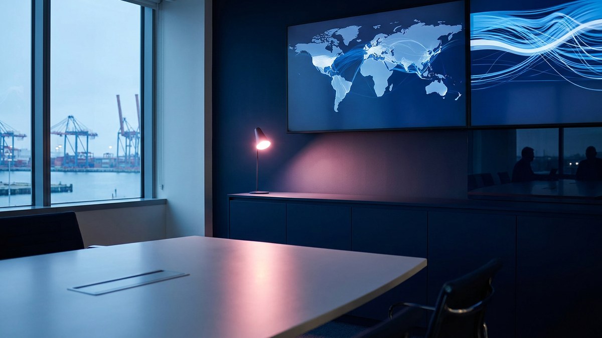 A dark procurement operations room at dawn: wall screens show abstract global trade routes and flowing liquidity while a pink desk lamp lights an empty conference table, with a port and container cranes beyond the window.