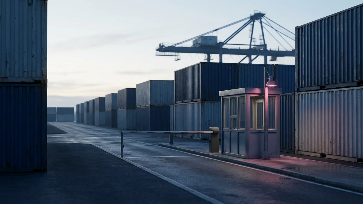 A European seaport container terminal at dawn with a customs inspection lane and lowered boom barrier