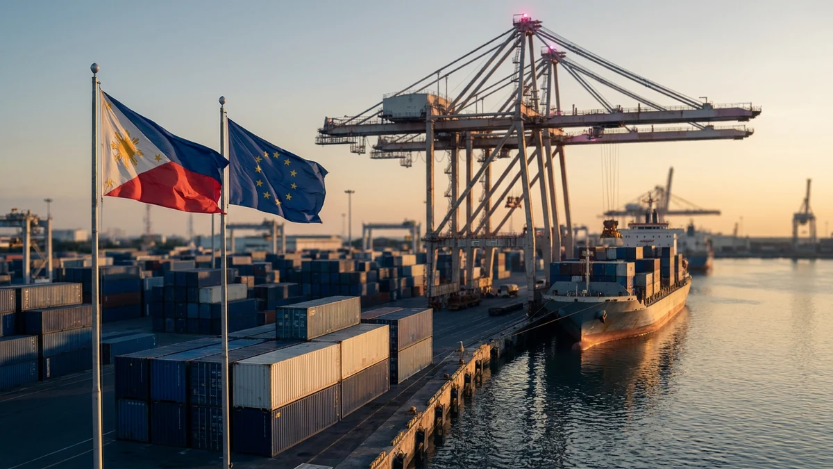 A container terminal at a Philippine port at sunset, with the Philippine and European Union flags flying together beside stacked cargo containers and a loading ship
