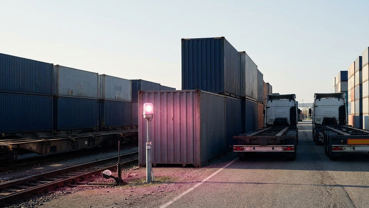Unbranded freight containers and trucks at a European intermodal yard